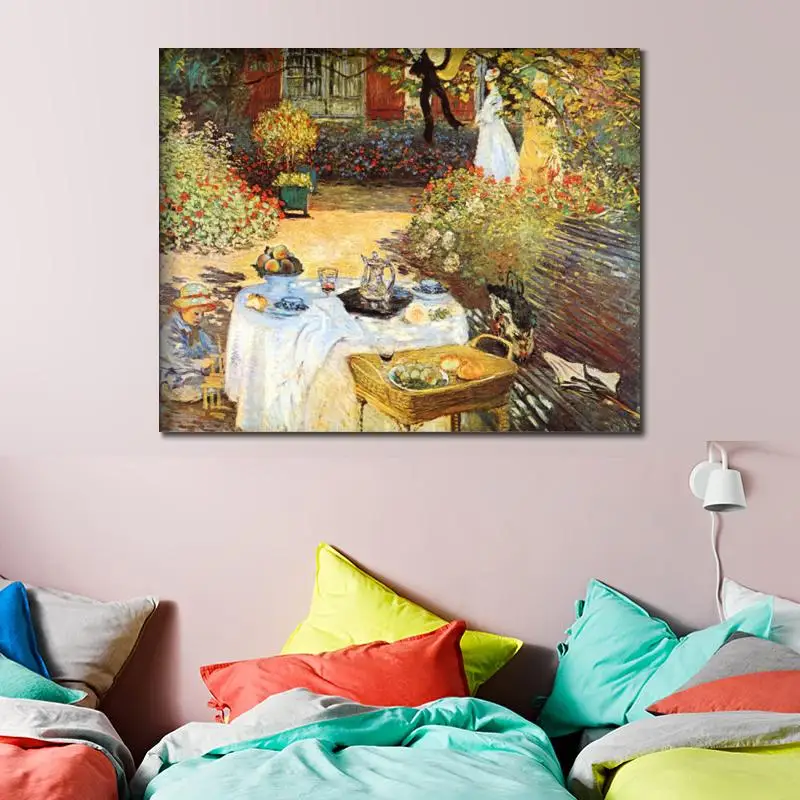 Картина Клода Моне "Обед", высокое качество, ручная работа на холсте, знаменитая садовая композиция, декор стен для столовой и кухни, современный стиль.