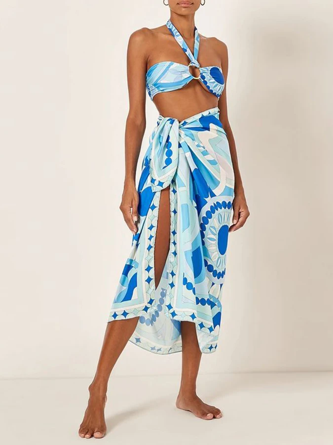 

Blue Simple Printed Bikinis Cover Up Sets Sexy Halterneck Two Piece Swimsuits Women's Beach Swimwear Bathing Suit Beachwear 2023