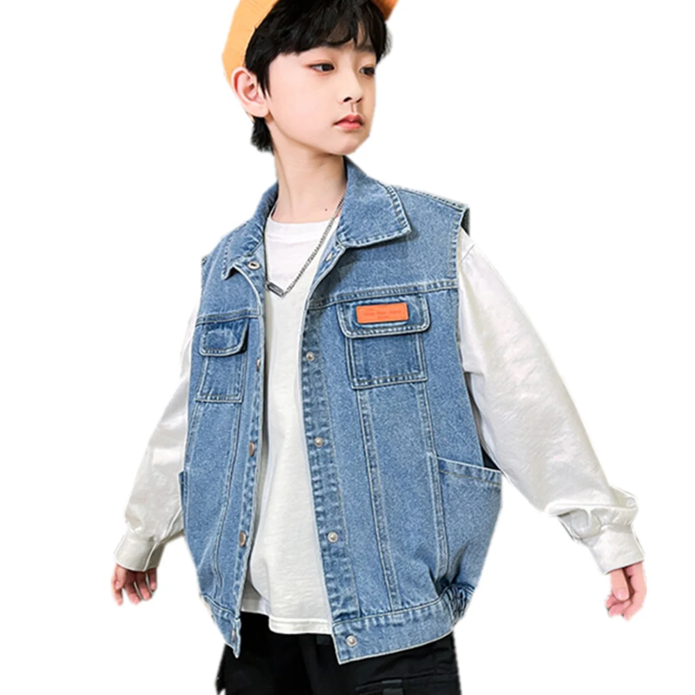 

Teens Boys Denim Vest Kids Clothing Spring Autumn Casual Jeans Sleeveless Jacket Outerwear Teenager Tops Children Clothes Blue