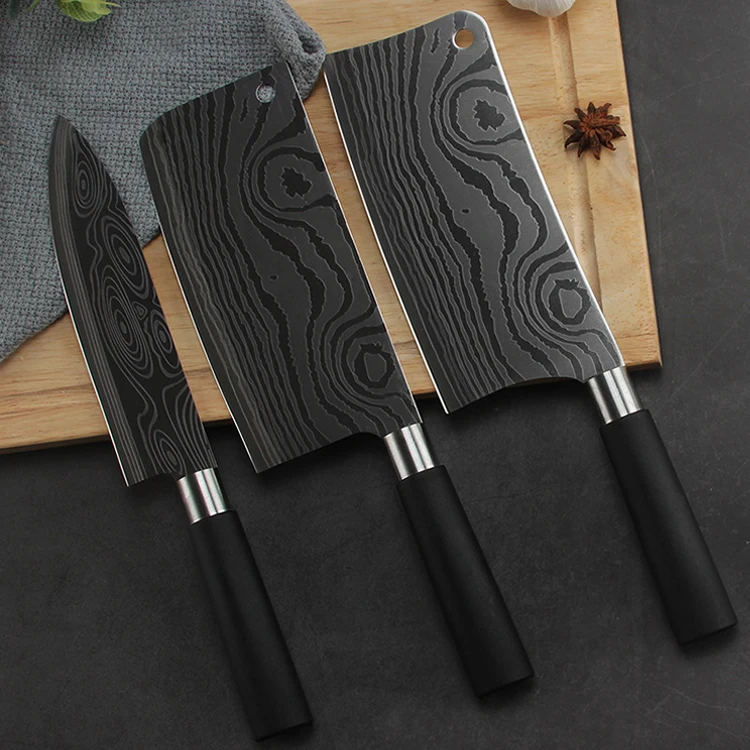 

3PCS Set Kitchen Knife Laser Damascus Pattern Chef Knives Meat Cleaver Fruit Vegetable Slicing Professional Tools Accessories