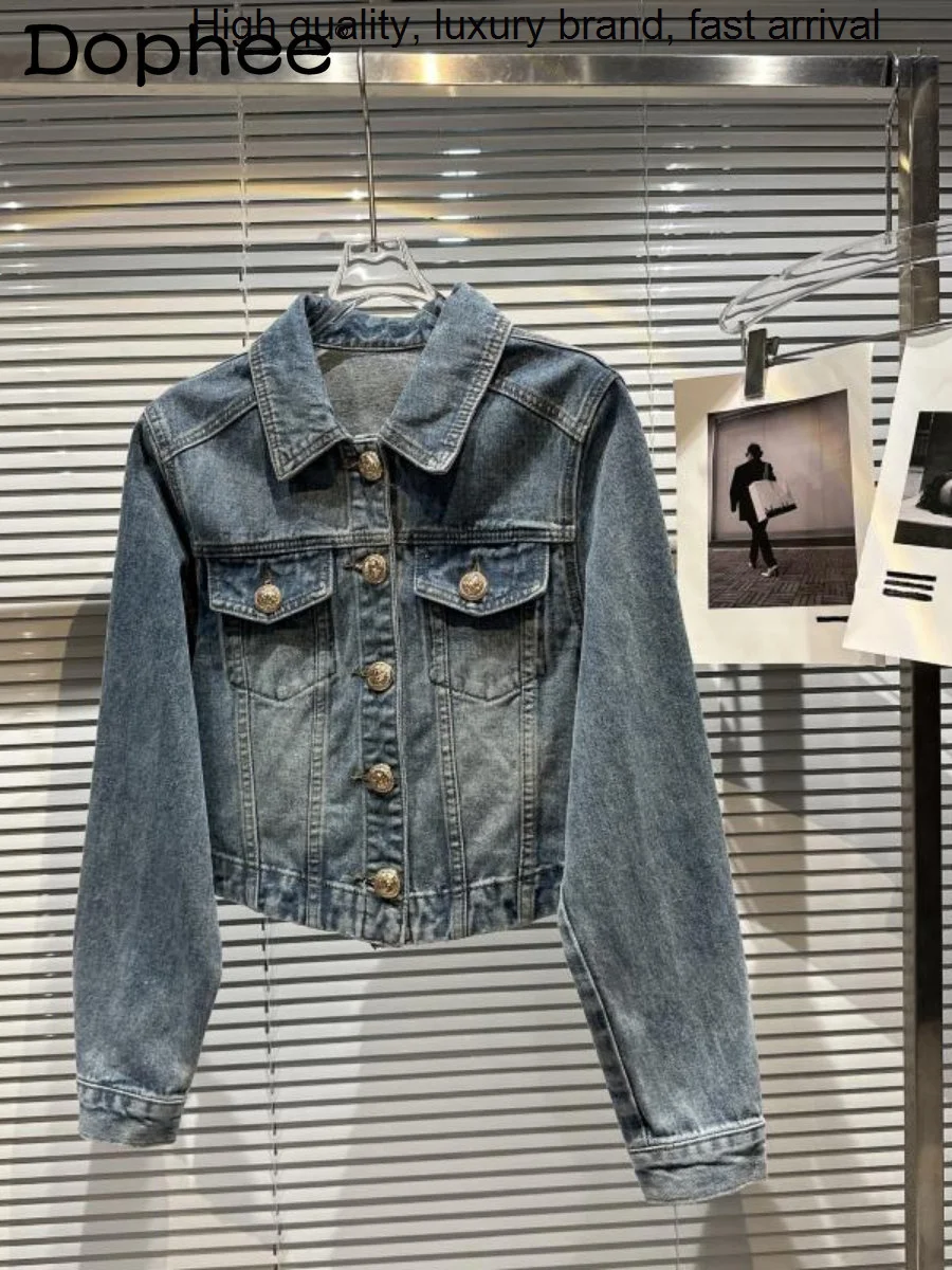 

Metal Street Retro Buckle Washed Long Sleeve Denim Short Jean Jacket Outerwear Women Coats 2023 Spring New Clothes Tide