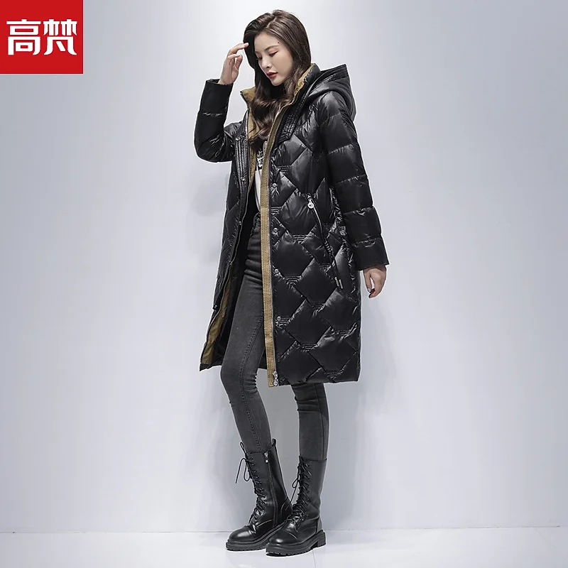 

Down Jacket Women's Mid-Length Hooded below-the-Knee Winter New Fashion Shiny Surface Solid Color off-Season Coat