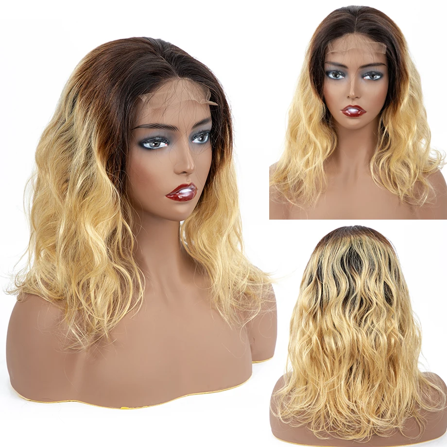 

Ombre Bob Wig Human Hair Body Wave HD Lace Frontal Wig Pre plucked Brazilian Short 1b/27 Wavy Lace Frontal Wigs For Black Women