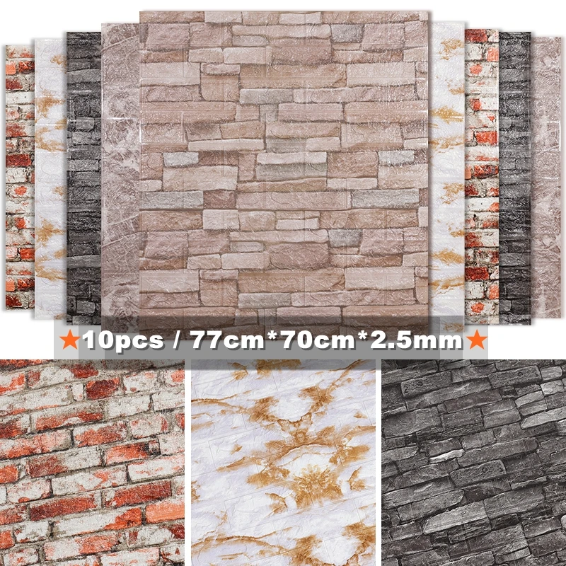 

10pcs 3D Brick Wall Sticker DIY Wallpaper for Living Room Bedroom TV Wall Waterproof Self-Adhesive Foam Plastic Wall Stickers