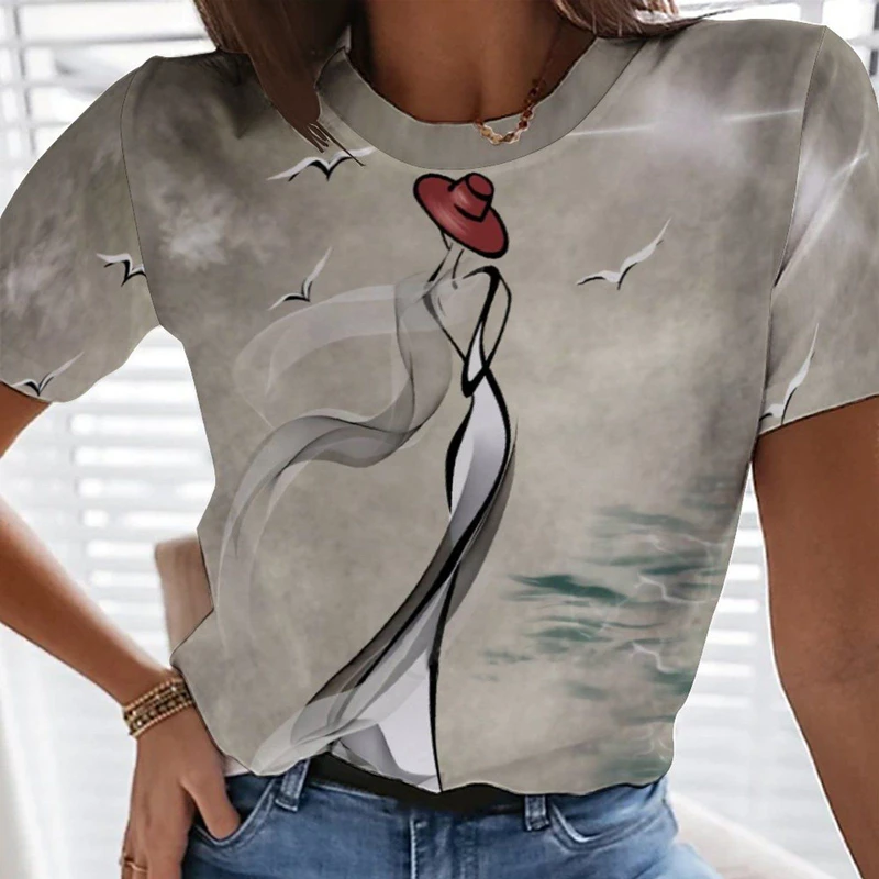 

3D printing simple T-shirt women 202 new 2 European and American retro summer fashion round neck top accessories