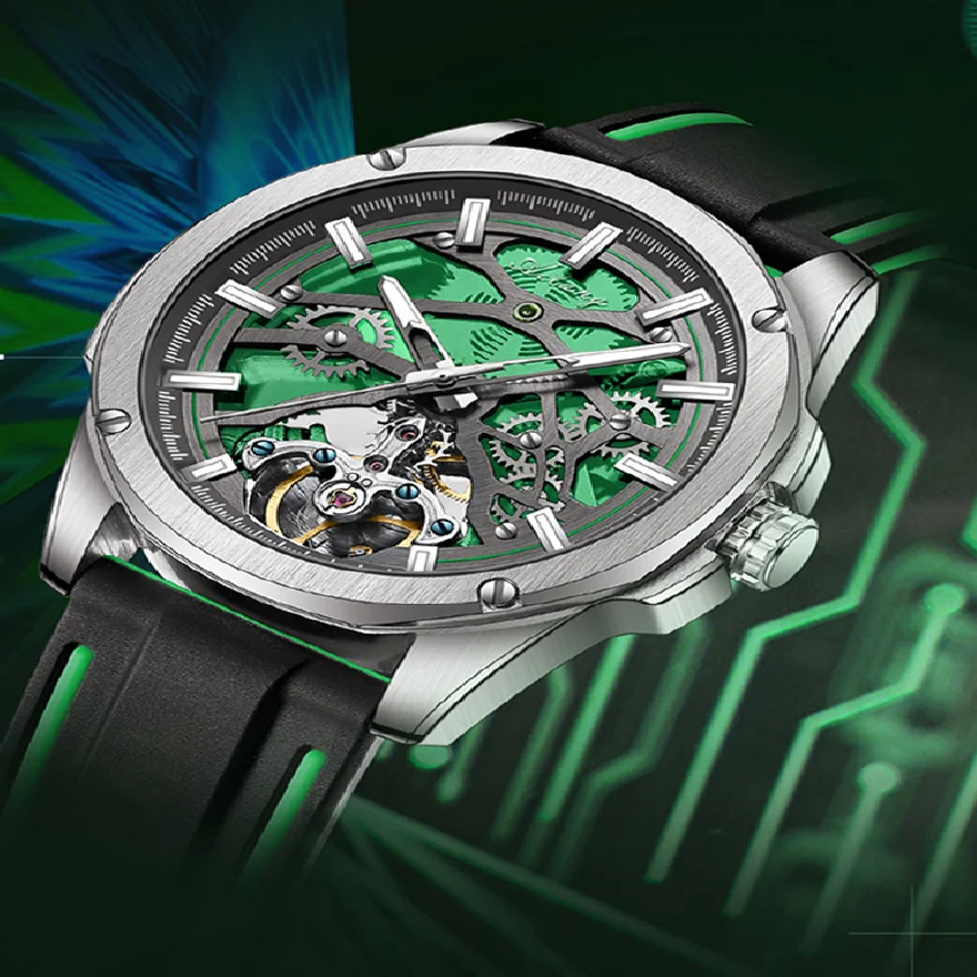 

Часы наручные AILANG Мужские автоматические, брендовые механические модные светящиеся с зеленым циферблатом и силиконовым ремешком