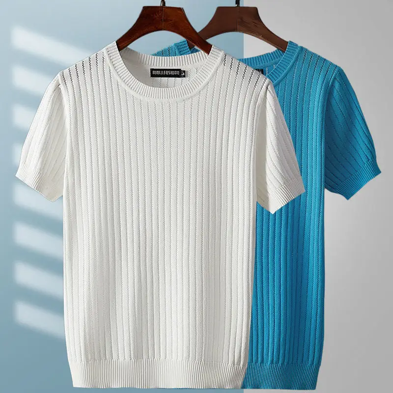 

2022 Summer Men Solid Color Ice Silk T Shirt Mens Clothing Casual Slim Fit Knit T Shirts Short Sleeve Tops Large Size 6XL A32