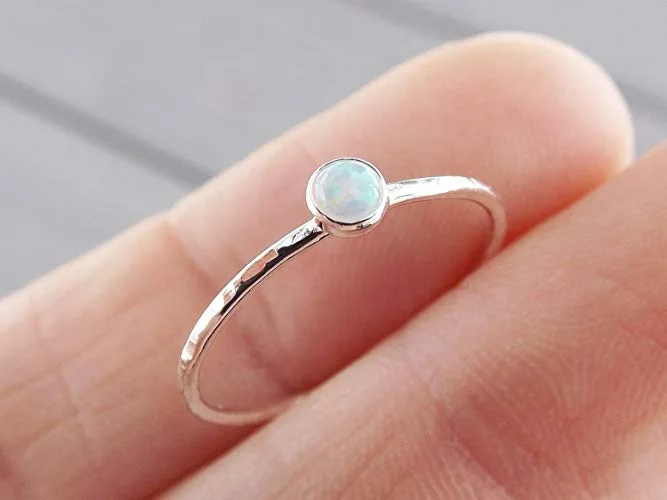 

Silver Color Opal Simple Ring for Women Opal Birthstone Wedding Engagement Ring Size 5-10