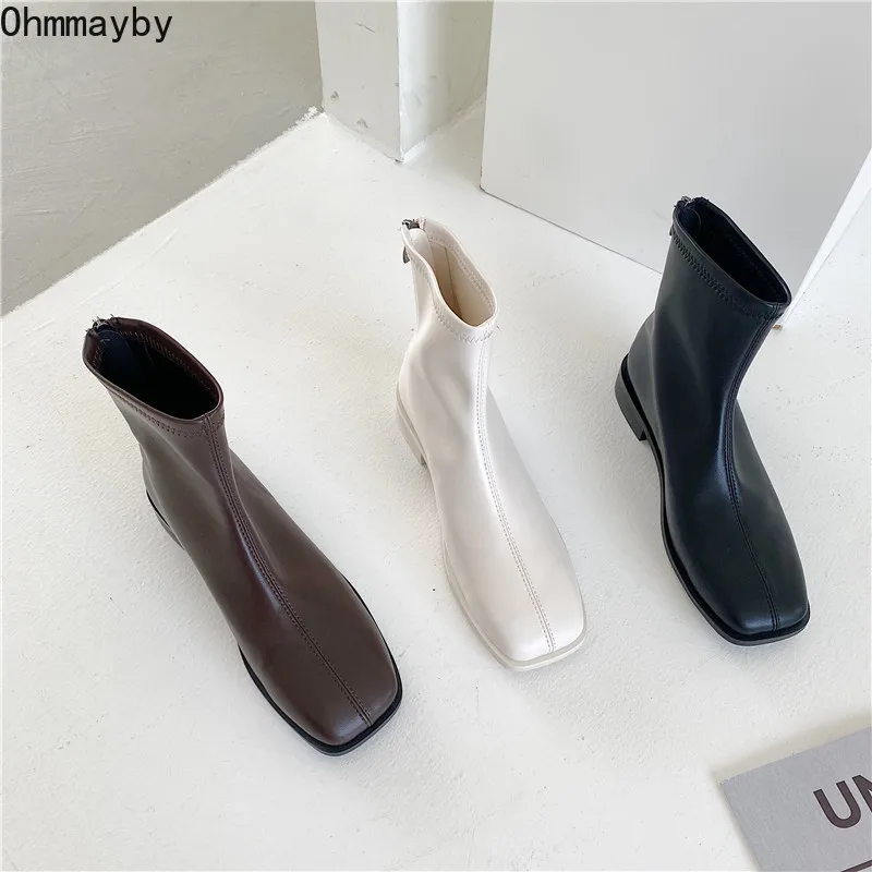 

Женские ботильоны на низком каблуке, Черные ботильоны на молнии с квадратным носком, весна 2022