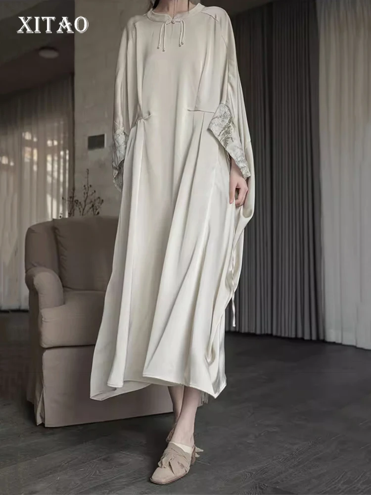 

XITAO Lace-up Bat Wing Sleeve Dress Loose Fashion Vintage Stand Collar Pullover Autumn New Dress Temperament Women DMJ2269