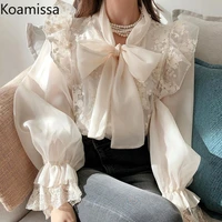 koamissa elegant office lady lace shirt bow collar flare long sleeve lace up blouses women fashion new white blusa 2022 clothing