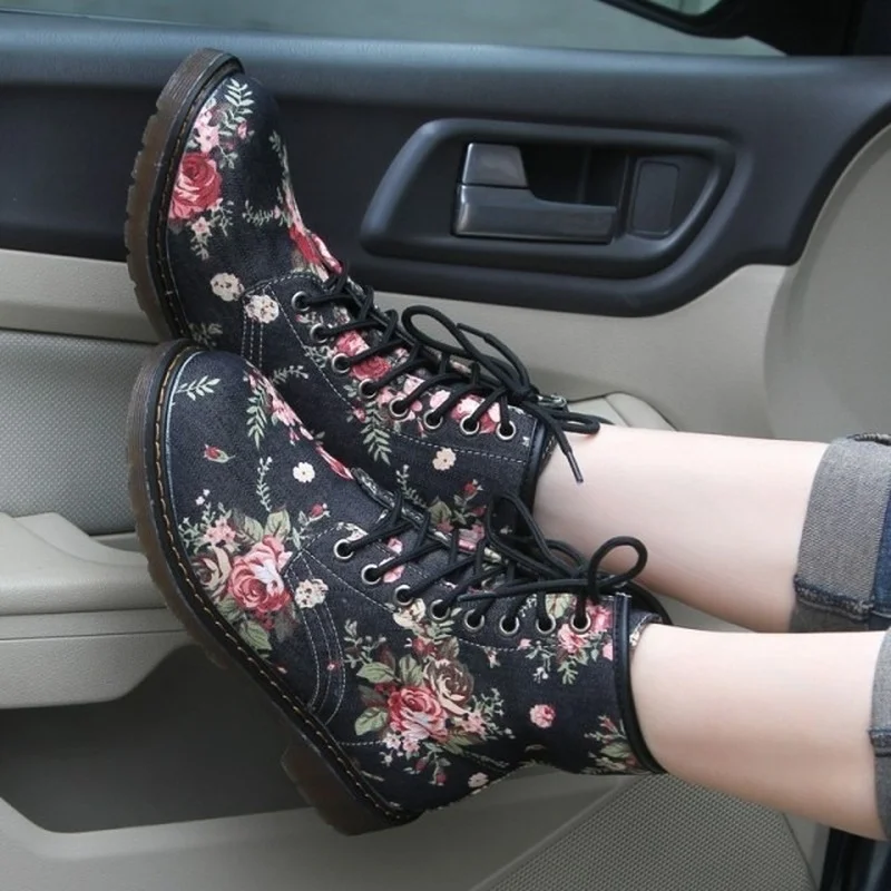 Comemore Flowers Fashion Female Low Heel Lace Up Ankle Boots Lace Up Women's Shoes Autumn 2022 Retro Western Cowboy Style