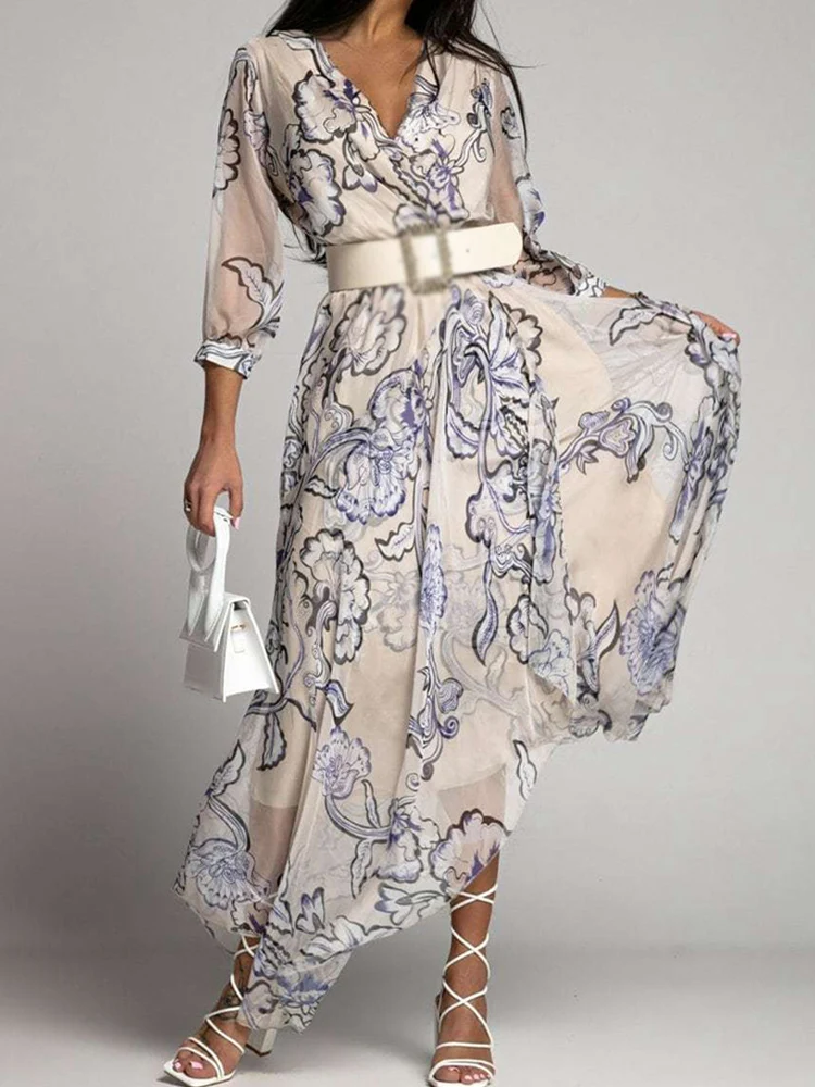 

Платье-макси с принтом в стиле бохо, элегантное винтажное длинное асимметричное модное Дамское Платье-трапеция с полурукавами, V-образным в...