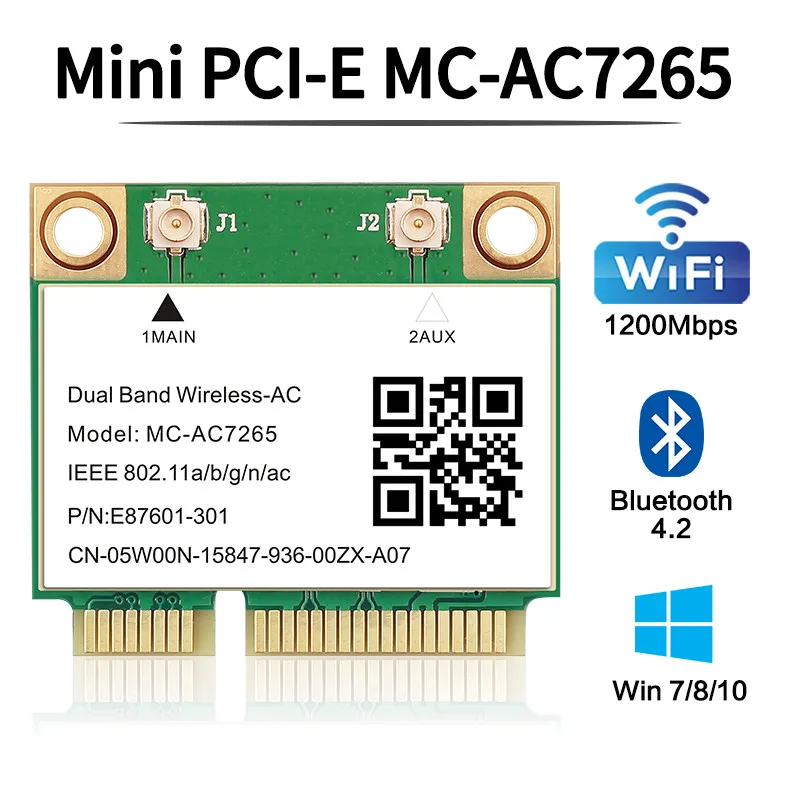 Wifi 5 1200Mbps Bluetooth 4.2 Half Mini PCI-E Wifi Card MC-AC7265 Wireless Intel 7265 802.11ac 2.4G 5Ghz For Laptop Than 7260HMW