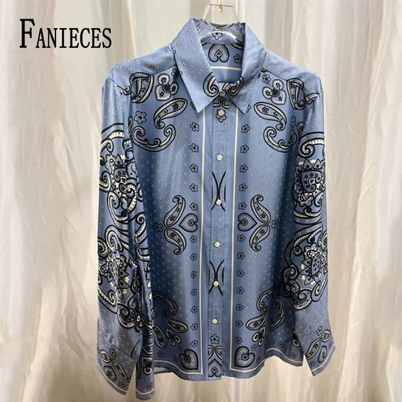

FANIECES camisas y blusas Luxury Print Blue Blouse Long Sleeve Lapel Women Shirt roupas Cardigan Tops Big Size roupas feminina