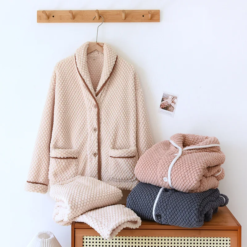 New fashion pajamas for couples autumn and winter fleece thickened warm men's and women's premium flannel loungewear set