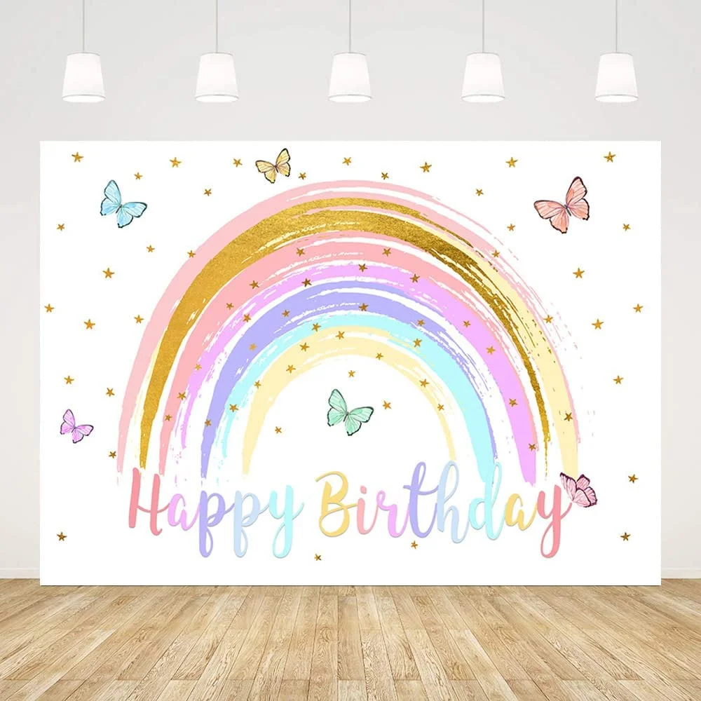 

Happy Birthday Backdrop Girls Colorful Rainbow Birthday Party Decorations Spring Butterfly Photography Background Rainbow Party