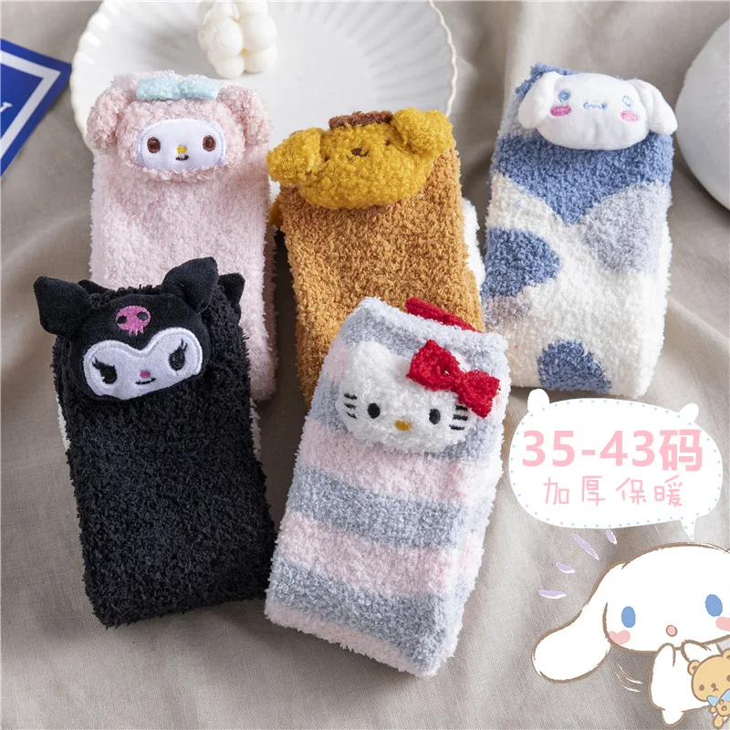 

4 Pairs of Sanrio Women's Socks Cute Coral Fleece Girls Kuromi HelloKitty Cinnamoroll Kawaii Mid Tube Socks Women Socks Gifts