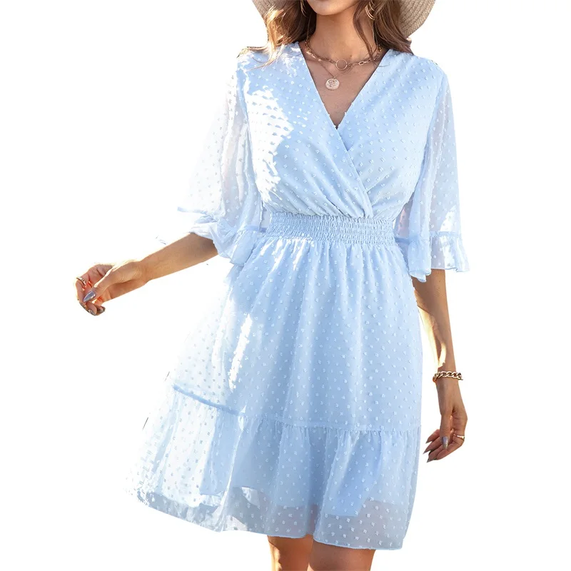 

Women V Neck Summer Dress Solid Color A Line Chiffon Fashion Everyday Mini Short Clothes Lady Sexy Elegant Elastic Waist Dresses