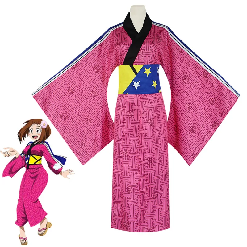 

2021 костюм моя геройская академия, японское аниме Figue OCHACO URARAKA, платье с принтом, запечатывающее талию кимоно для женщин, костюмы для косплея