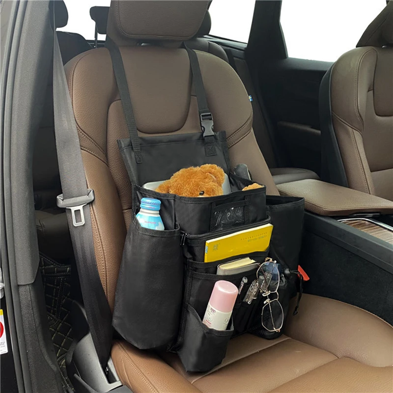 

Car Front Seat Organizer Backrest Storage Bag With Multiple Pockets Dividers Adjustable Shoulder Strap Fixed Buckles