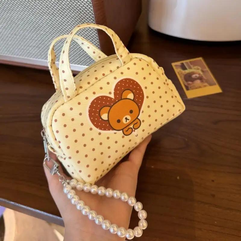 Фото Мультяшный кошелек-монетница Rilakkuma в горошек из оксфордской ткани с жемчужной цепочкой, мини-чехол для помады, подарок на день рождения другу №2