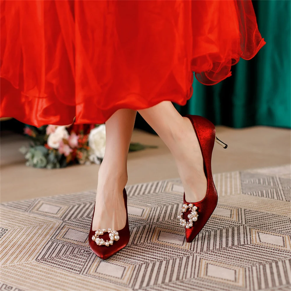 

Elegant Embroidery Rhinestone Pearl Buckle Wedding Shoes Women 2022 New Chinese Style Wine Red Bridal Shoes Thin Heel High Heels
