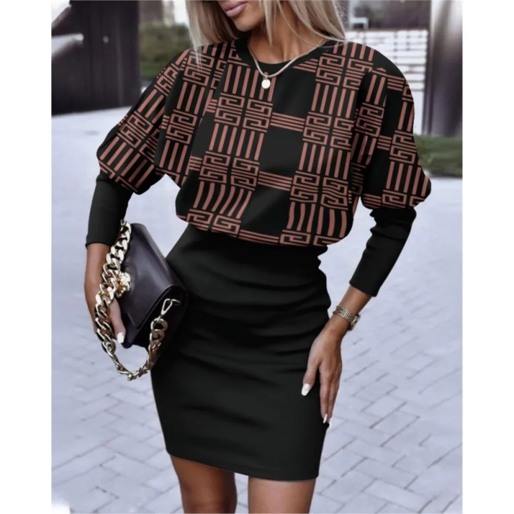 

New Bodycon Dress Women O Neck Long Sleeve Slim Long Sleeve Party Dresses For Women Autumn Elegant Vintage Print Mini Dress