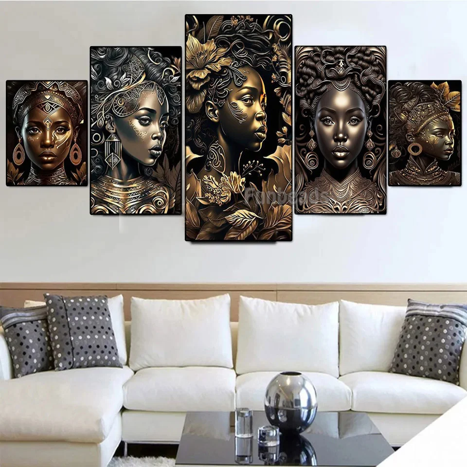 

5 панелей, фэнтези, Черное золото, Африканская женщина, алмазная живопись, новинка 2023, полная квадратная/круглая Алмазная мозаика, наборы для вышивки крестиком FF1082