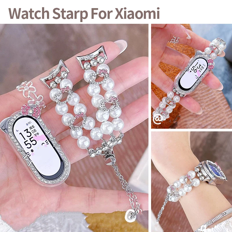Фото Милый чехол с котиком, стразами и жемчугом + ремешок для Xiaomi Band 8/9/10, 8/9 Pro, женский браслет-цепочка для Redmi Watch 4/5/6, аксессуары для смарт-часов №1