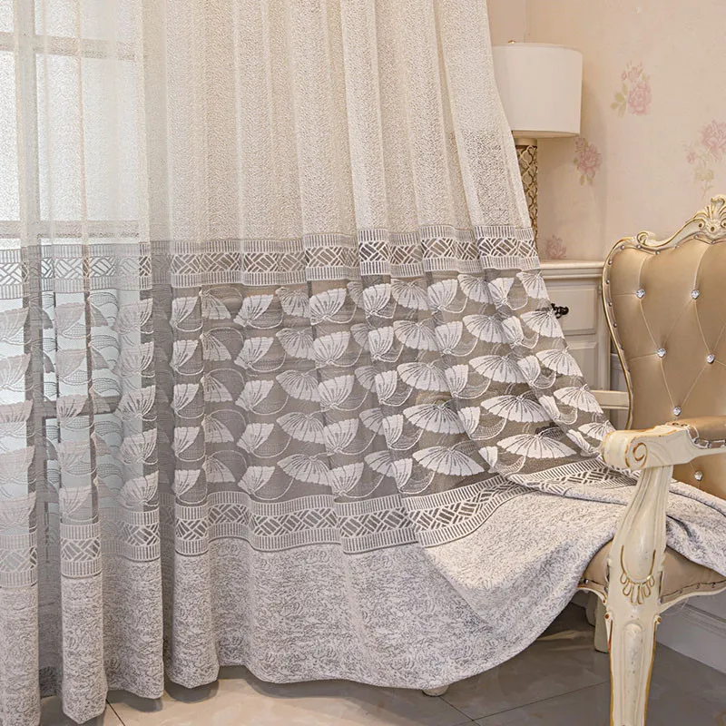 

New Nordic Light Luxury Window Screen Finished Jacquard Yarn Beige Gray Apricotleaf Sheer Tulle Curtain For Living Room Bedroom5