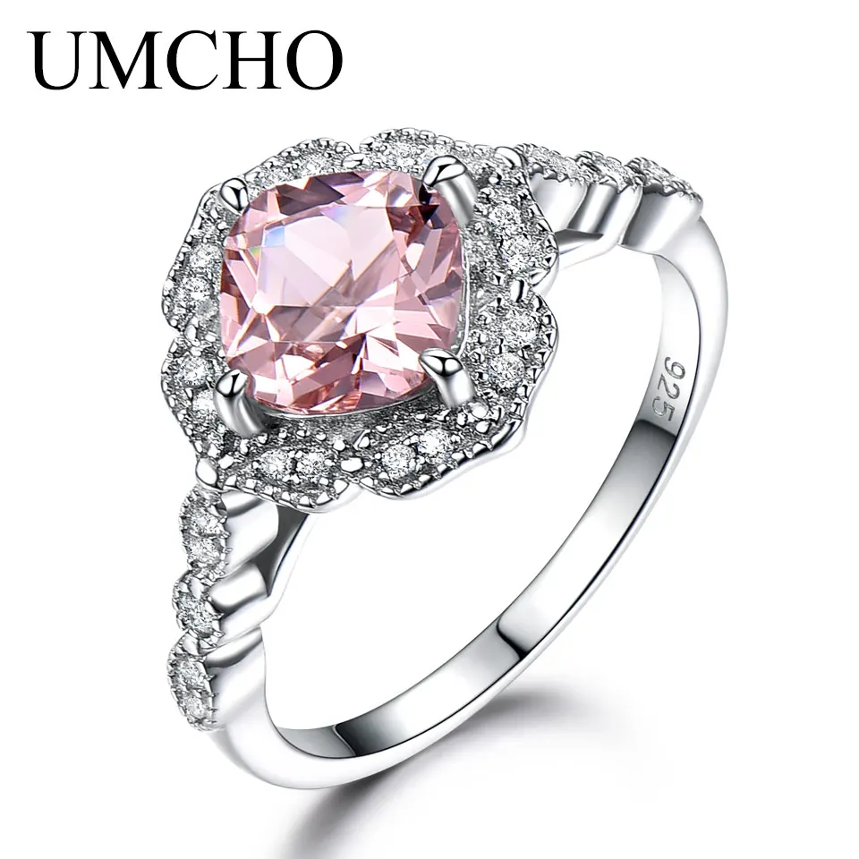 

UMCHO Rings for Women Solid Sterling Silver Cushion Morganite Engagement Anniversary Band Pink Gemstone Valentine's Gift