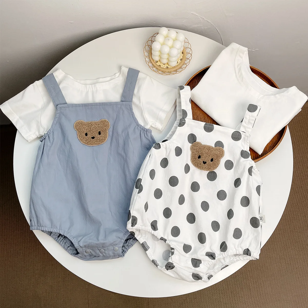 

Ins 2023 Summer Baby Boy 2PCS Clothes Set Cotton Short Sleeve Solid T-shirts Suspender Dot Cartoon Bear Romper Infant Boy Outfit