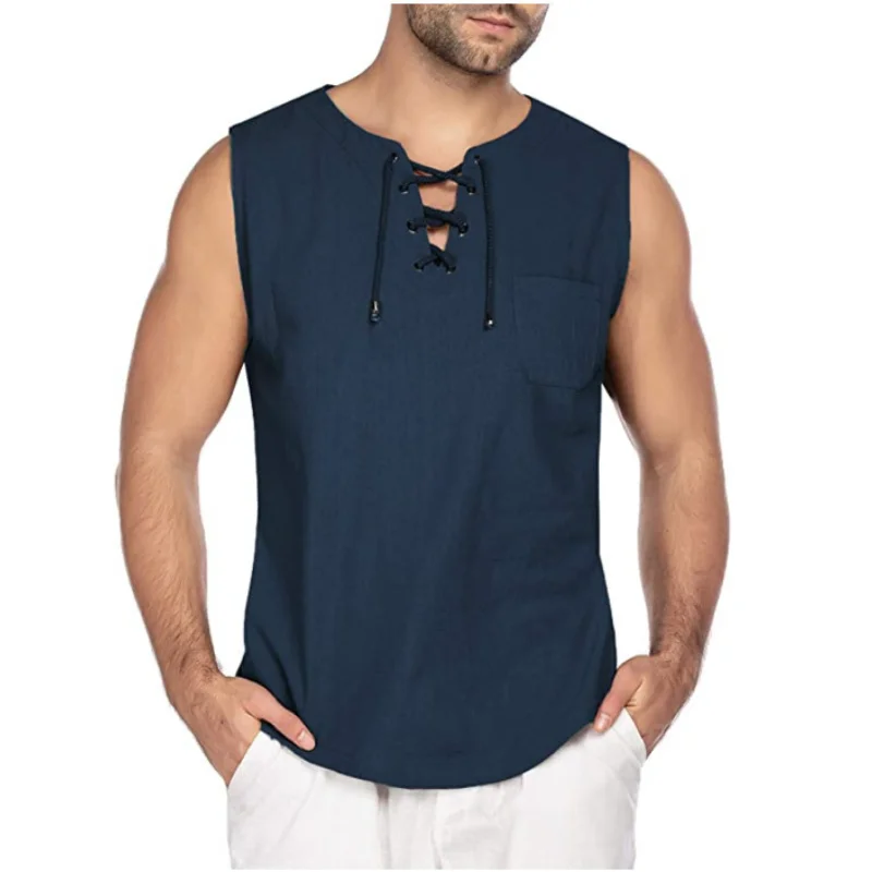 

Mens Sleeveless Shirt with Lace Up Fashion Navy Blue Cotton Linen Short Sleeved T-shirt