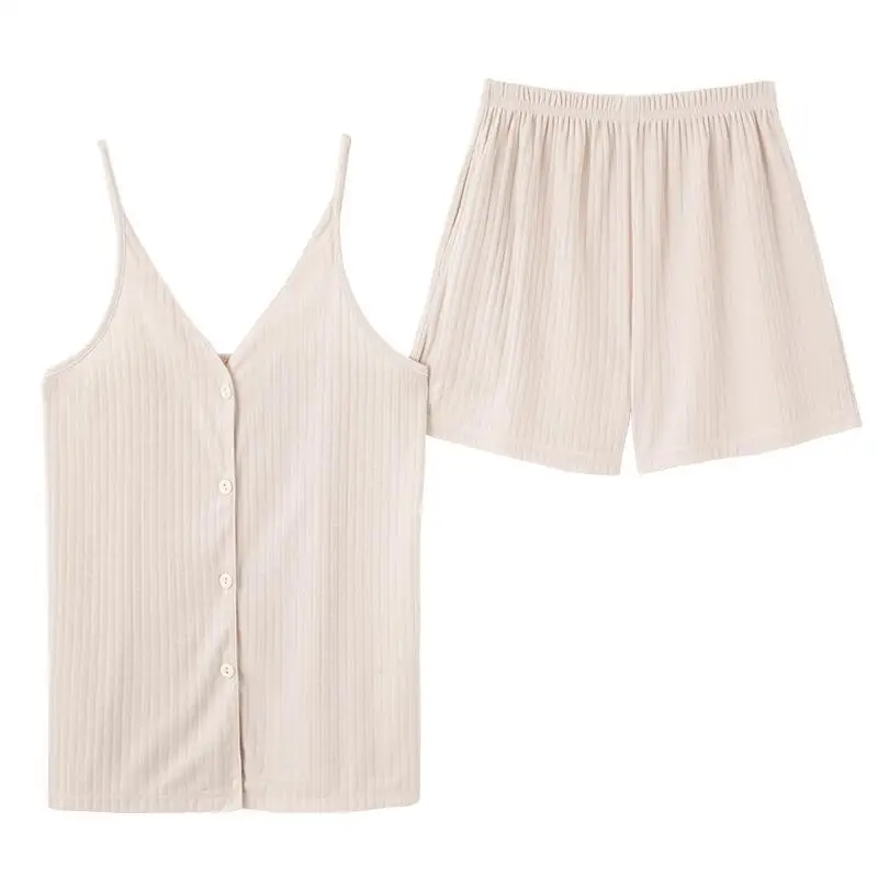 Simple Senior Sense Sleepwear Women Summer Casual Pajamas Cardigan Undershirt Doll Collar Suspenders Shorts Sexy Home Wear
