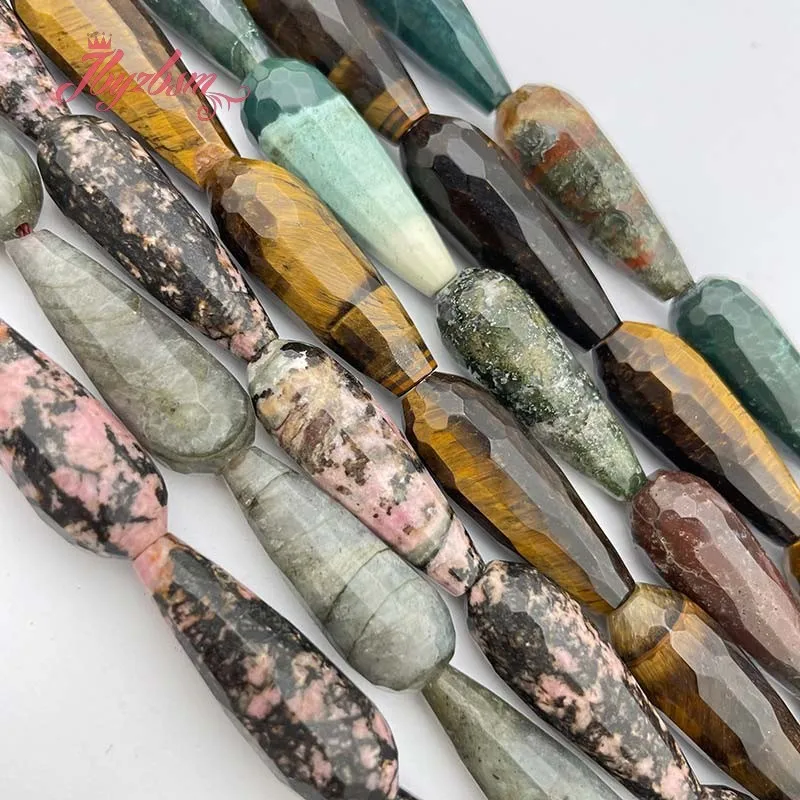 Natural Rhodonite Quartz Tiger Eye Beads Drop Faceted Stone DIY Strand 15 Inch For Jewelry Making Necklace Bracelets 10x30mm