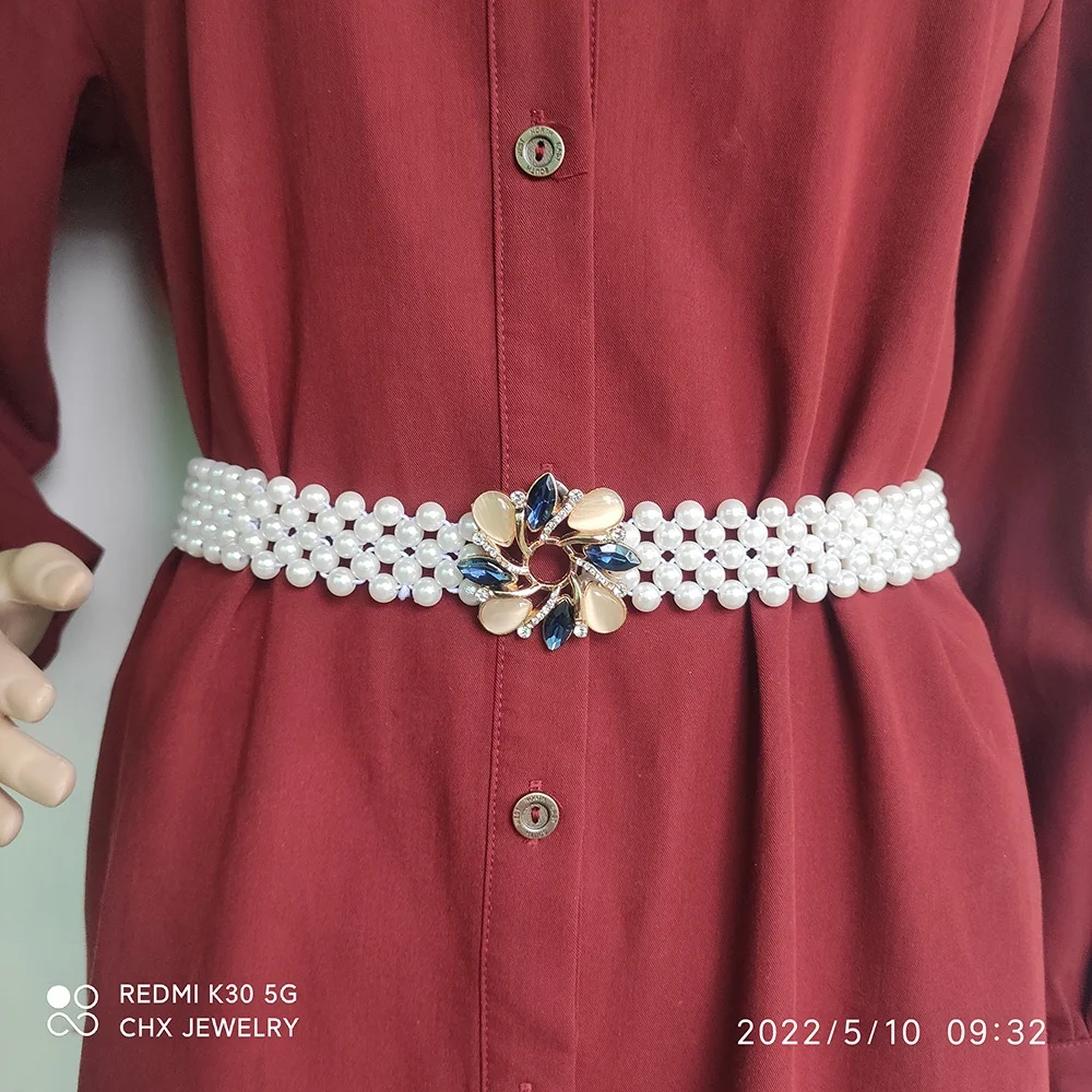 67cm Elastic Flower Rhinestone Pearl Girdle White Belt All-Match Female Dress Decorative Waist Chain