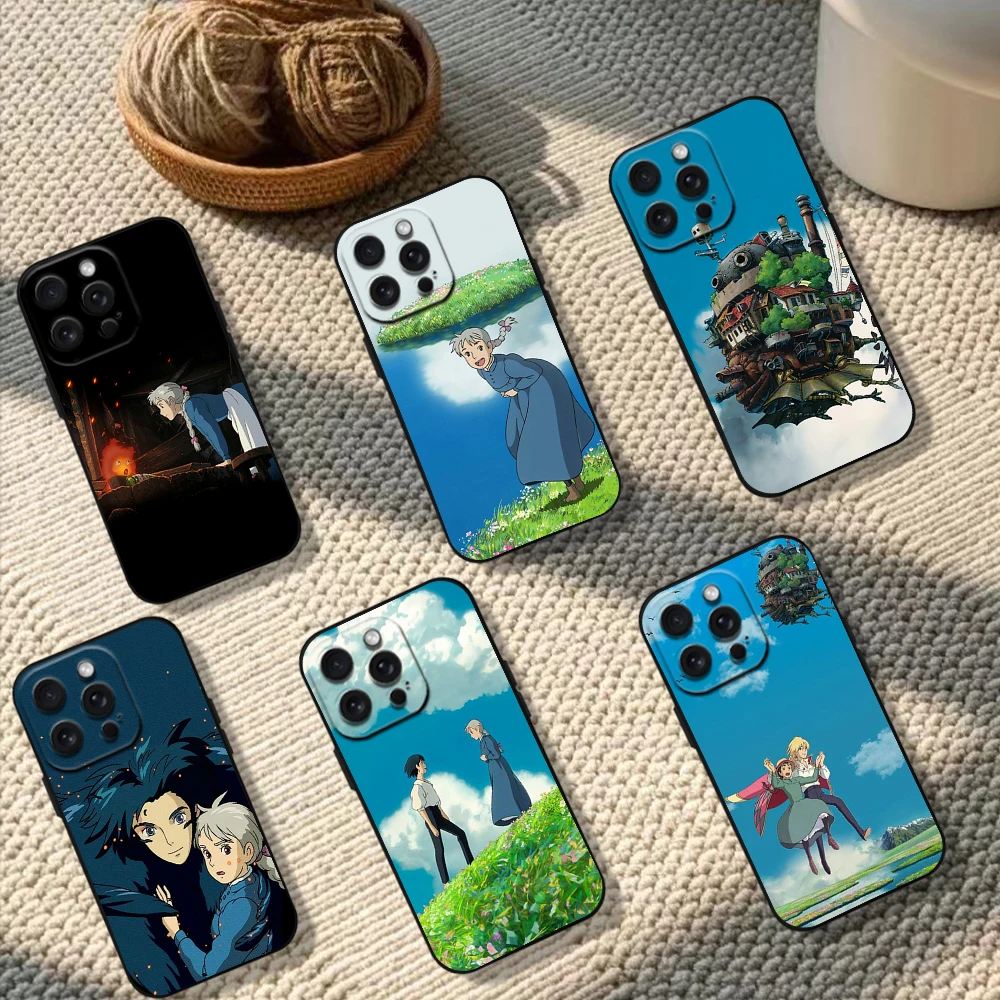 Cartoon H-Howls M-Moving Castle Phone Case For iPhone 11 12 13 14 15 16 Pro Max Plus Black Silicone Soft