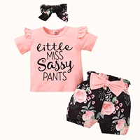 3pcs baby children girls sets letter fly sleeve o neck tops floral print shorts bow knot headband infant toddler outfits 12m 5t
