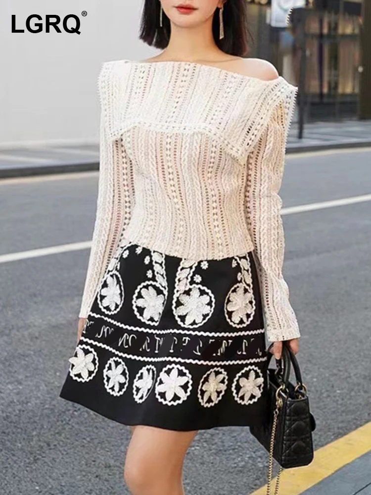

LGRQ Fashion Long Sleeve Lace Hollow Out Embroidery Pattern Tops Short Skirt Two -piece Sets Women's Elegant Temperament 19F1814