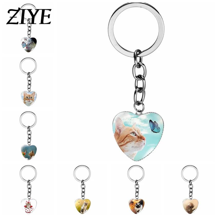 

Fashion Cute Cat Kittens Keychains Animals Heart Shape Glass Dome Lobster Clasp Pendant Keyring Trendy Pets Lovers Gifts Jewelry