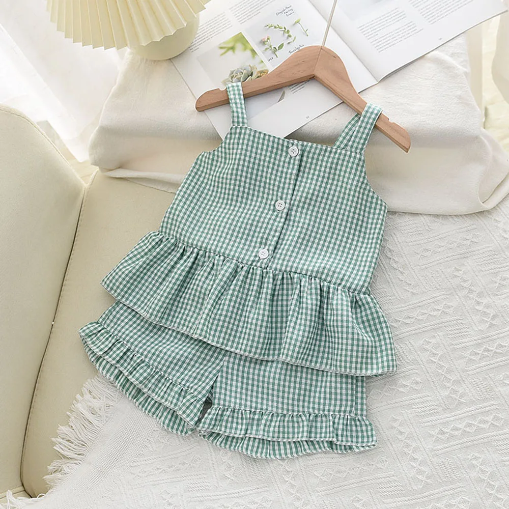 

Toddler Girls Clothes Set Green Straps Sleeveless Ruffle Top Shirt Plaid Short Baby Kids Cotton Summer Children Clothing Outfit