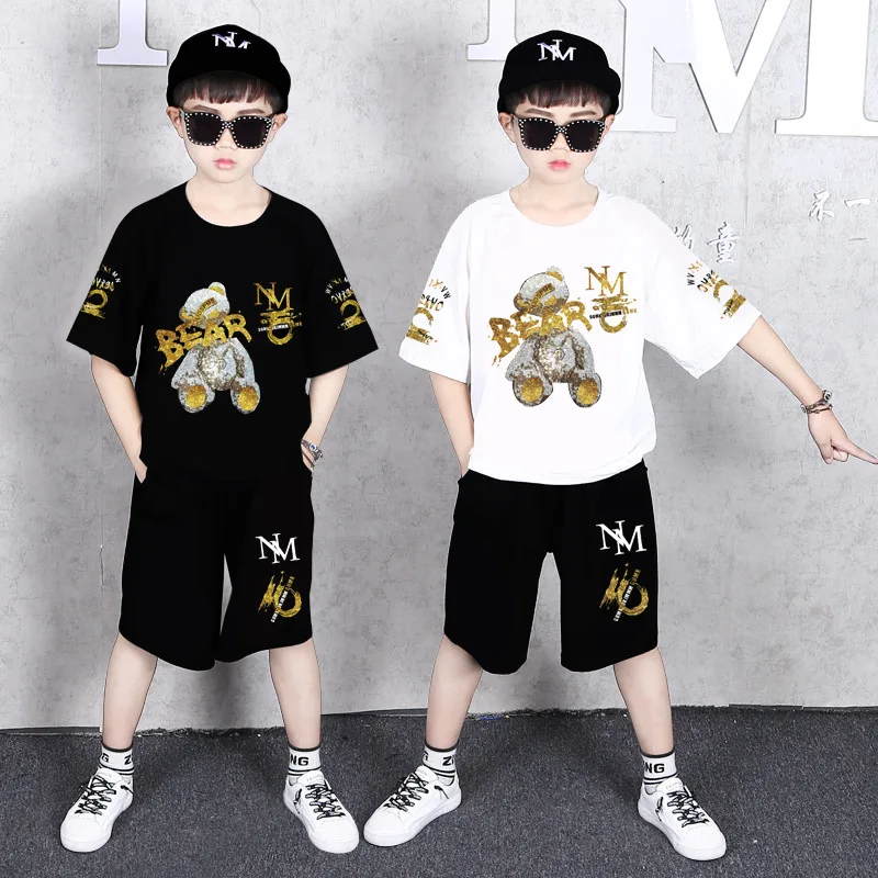 

Комплекты детской одежды, одежда для маленьких мальчиков, комплект с коротким рукавом и брюками с мультяшным медведем, черные и белые футболки, футболки, топы, детский спортивный костюм