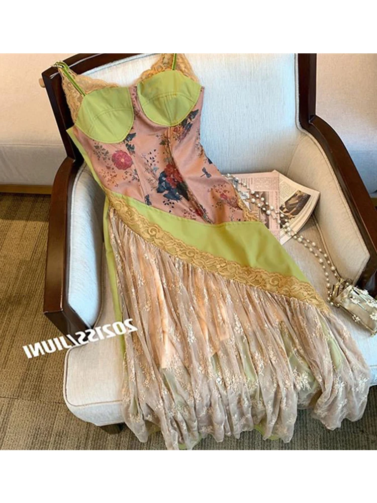 

Sexy Midi Dresses Women Bodycon Club Party Sleeveless Spaghetti Strap Dress French Vintage Elegant Lace Patchwork Print Vestidos