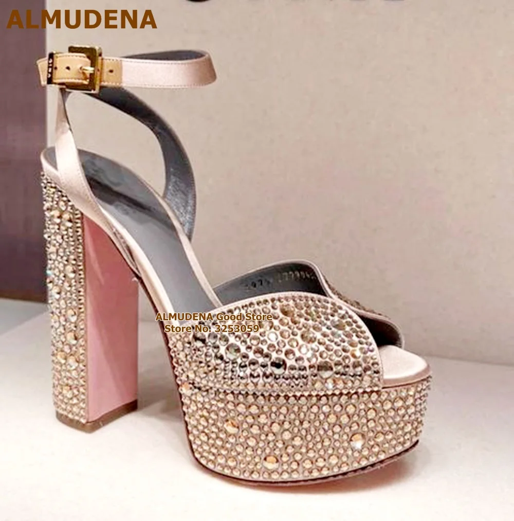 ALMUDENA Seagreen Blue Sparkly Crystal Chunky Heel Sandals Bling Bling Rhinestone Platform Velvet Wedding Shoes Luxury Pumps