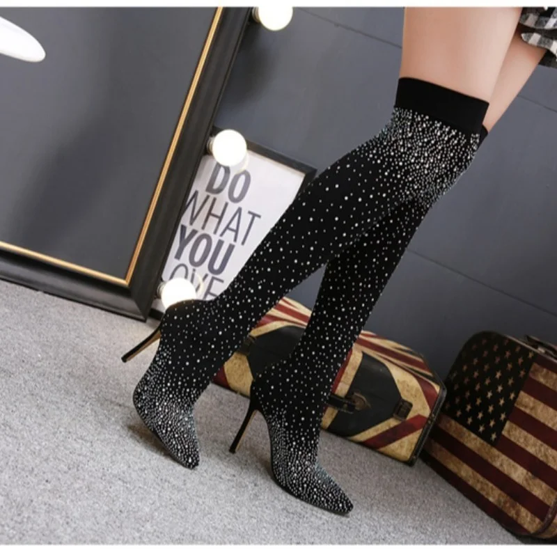 

2022 Fashion Runway Crystal Stretch Fabric Sock Boots Pointy Toe Over-the-Knee 11cm Heel Thigh High Pointed Toe Woman Boot