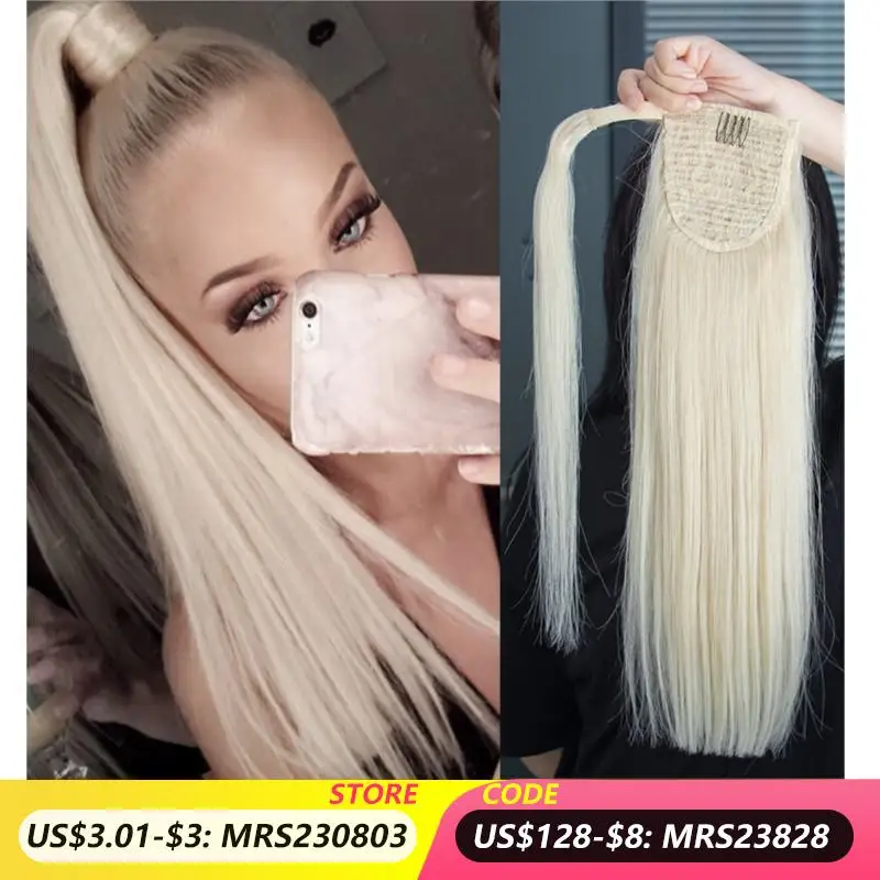 MRS HAIR Ponytail Human Hair Platinum Blonde #60 14 18 22 24 inch Thick Ends Natural Ponytail Real Hair Extensions