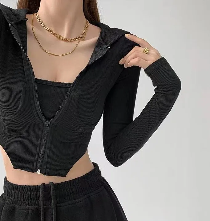 

Y2k Knitting Crop Tops Fashion Hoodies For Women Casual Zipper Up Hooded Jackets Korean Streetwear Knitted Sweatshirt