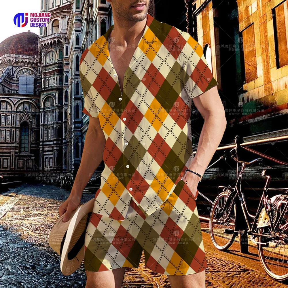 2023 Men's Red Check Shirt and Shorts Set Summer Fashion Beach Short Sleeve 2-Piece Set Luxury Breathable Tops Hawaiian Set