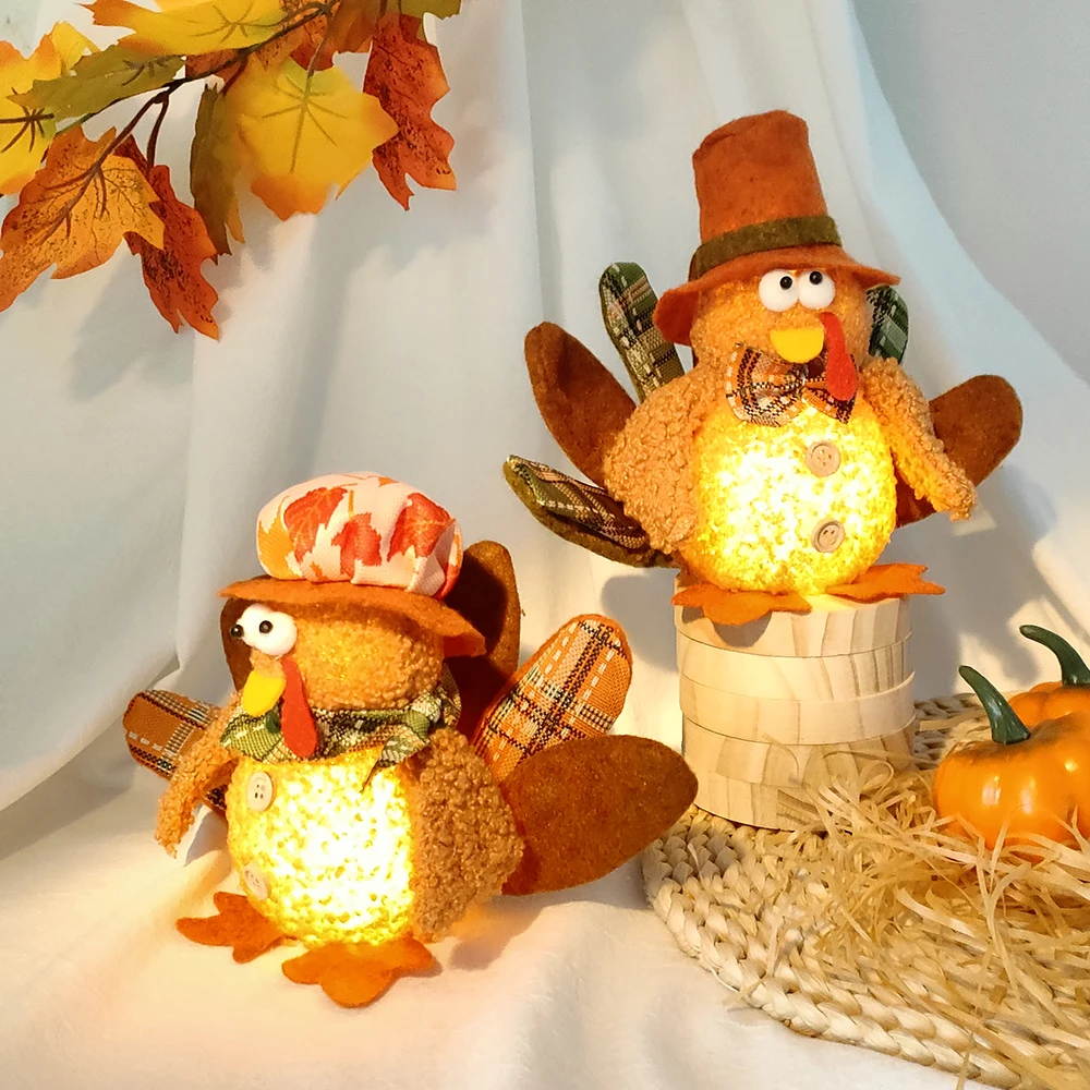 

Thanksgiving Turkey Plush Doll with LED Light Harvest Halloween Gnome Doll Table Ornaments for Home Christmas Party Decorations